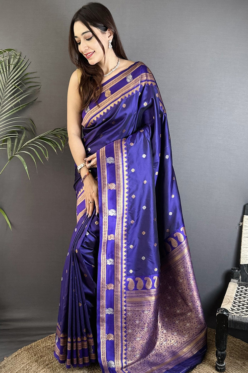 Dark Blue Art Silk Weaved Broad Border Saree