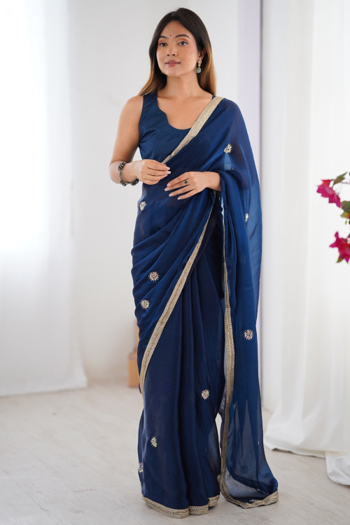 Dark Blue Chiffon Saree With Sequins Work For Festival