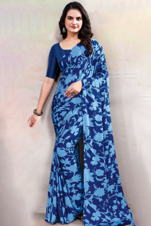 Dark Blue Crepe Printed Casual Wear Saree