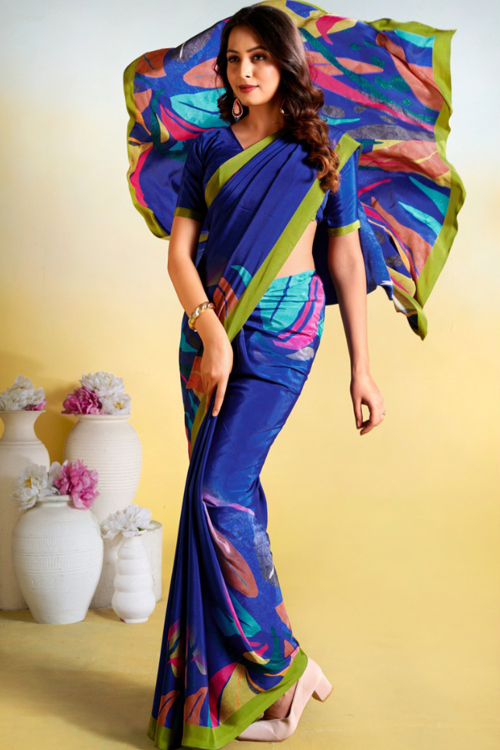 Dark Blue Crepe Printed Saree For Casual Wear