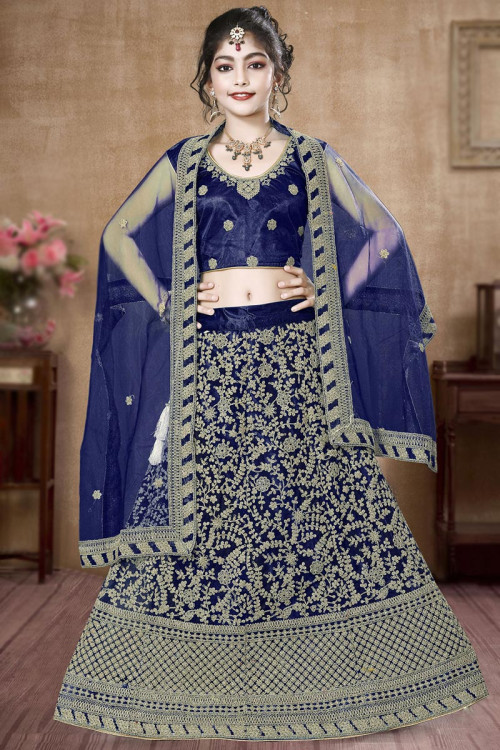 Dark Blue Dori Embroidered Girl's Lehenga For Sangeet 