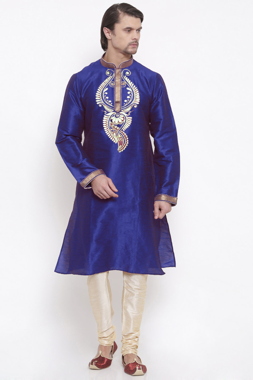Dark Blue Dupion Silk Embroidered Straight Cut Men's Kurta With Churidar
