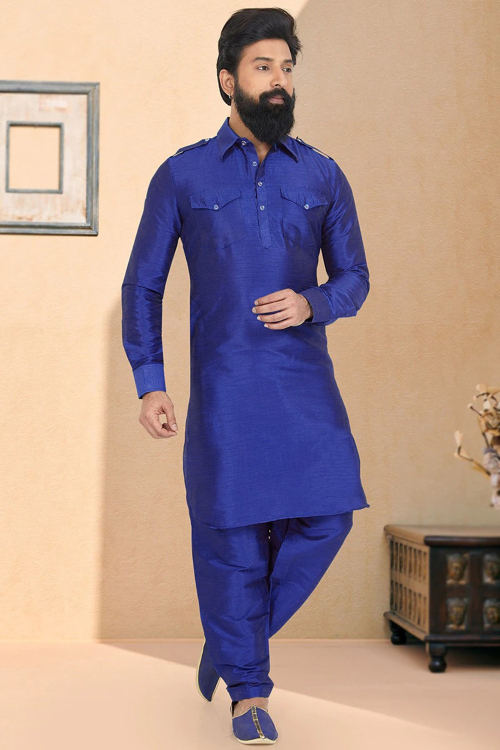 Dark Blue Pathani Sangeet Men Kurta Pajama in Dupion Silk