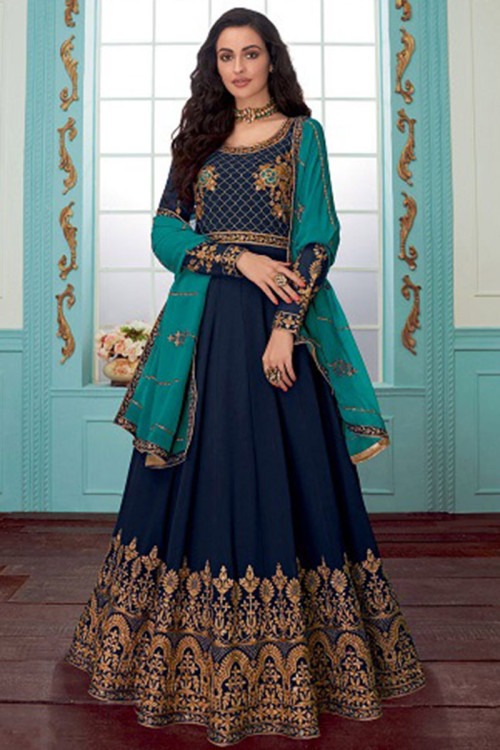 Dark Blue Georgette Anarkali Suit With Resham Work