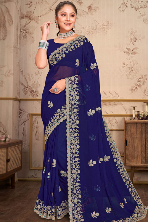Dark Blue Georgette Embroidered Light Weight Saree