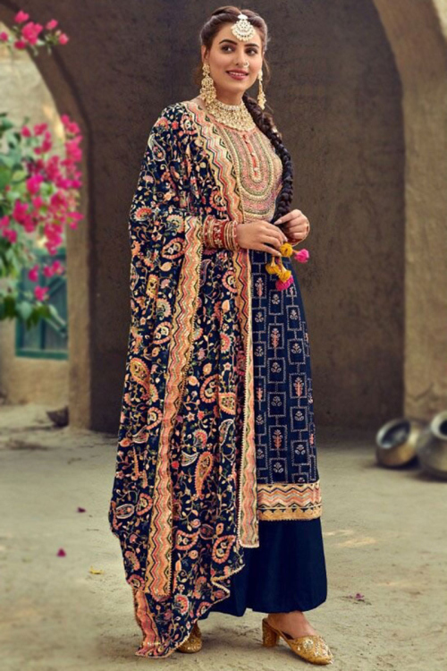 Dark Blue Georgette Embroidered Palazzo Salwar Suit for Party Wear