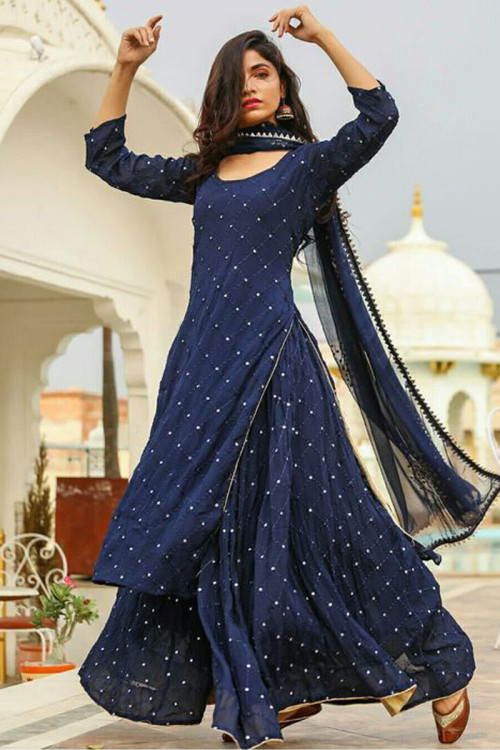 Dark Blue Georgette Embroidered Eid Sharara Suit