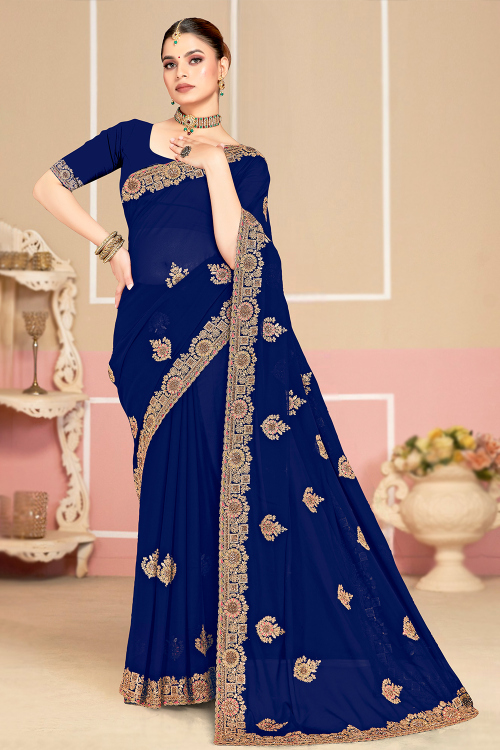 Dark Blue Georgette Saree With Dori Work For Festival