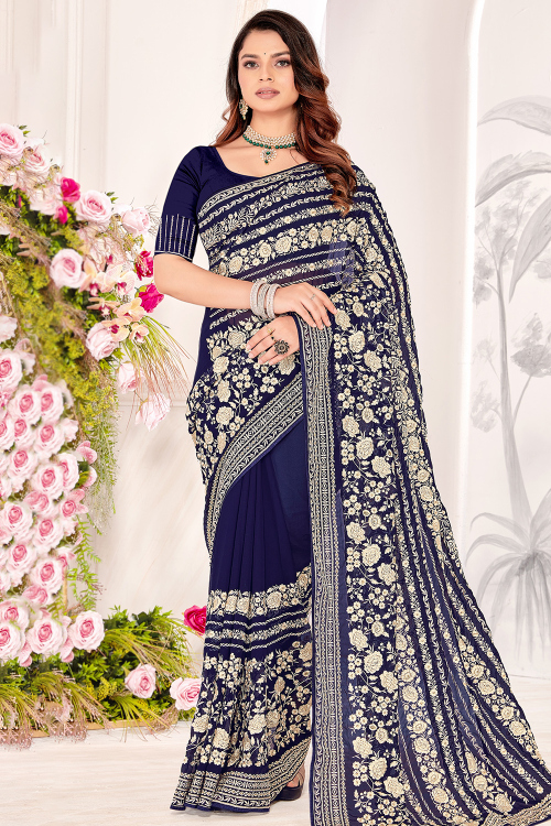Dark Blue Georgette Saree With Resham Thread Work