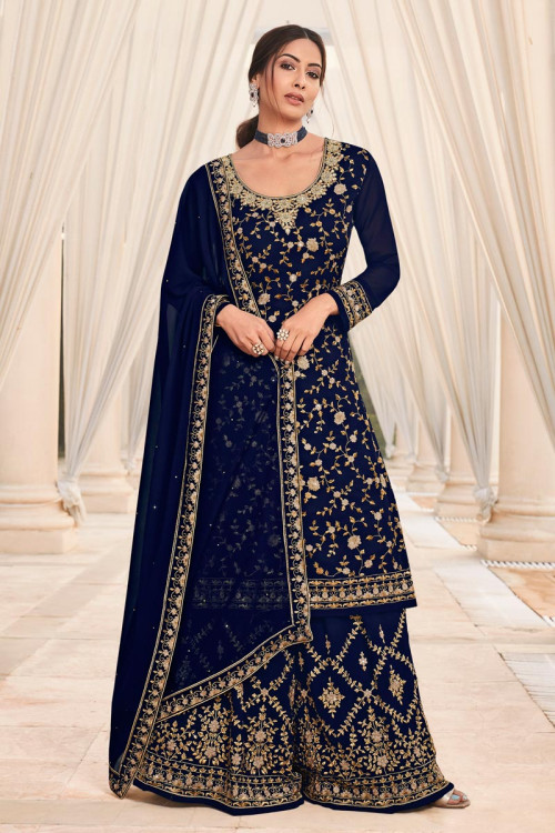 Georgette Dark Blue Zari Embroidered Sangeet Sharara Suit