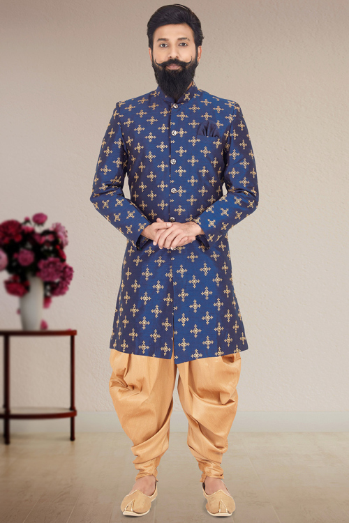 Dark Blue Jacquard Men Sherwani