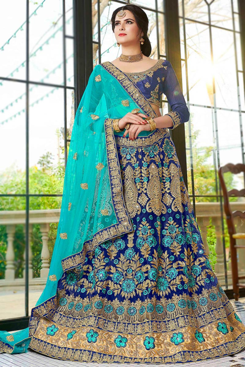 Zari Work Party Wear Lehenga in Dark Blue Net