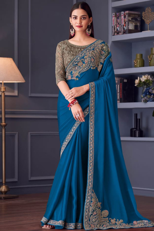Dark Blue Satin Silk Embroidered Saree For Festival