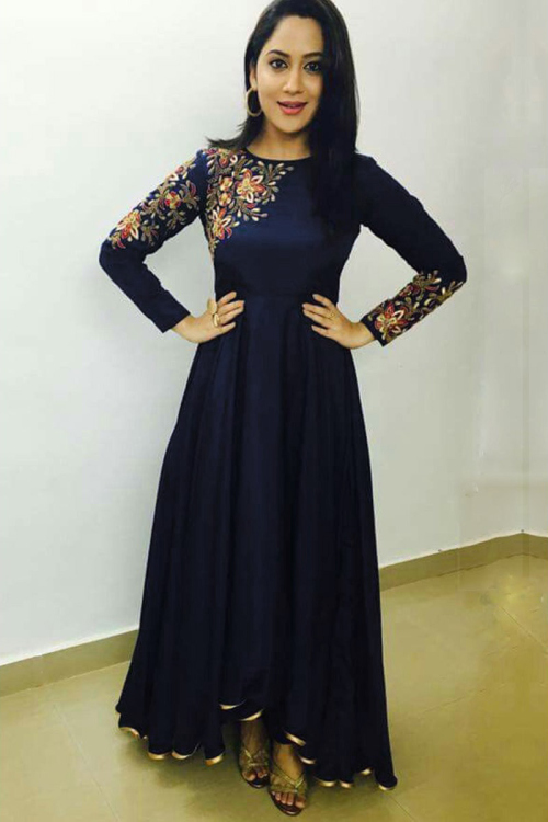 Dark Blue Silk Anarkali Gown With Resham Work