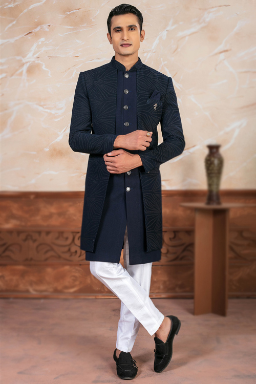Dark Blue Silk Embellish Jacket Style Silk Men's Sherwani 