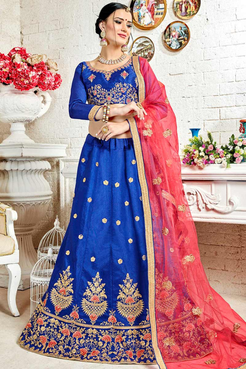 Dark Blue Silk Embroidered Lehenga
