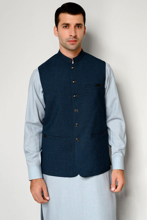 Dark Blue Silk Jacket Style Men Plain Waist Coat
