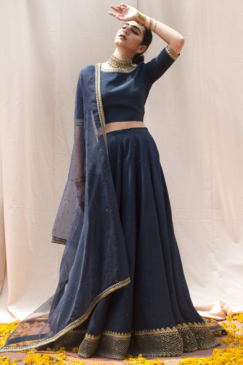 Dark Blue Silk Stone Work Lehenga