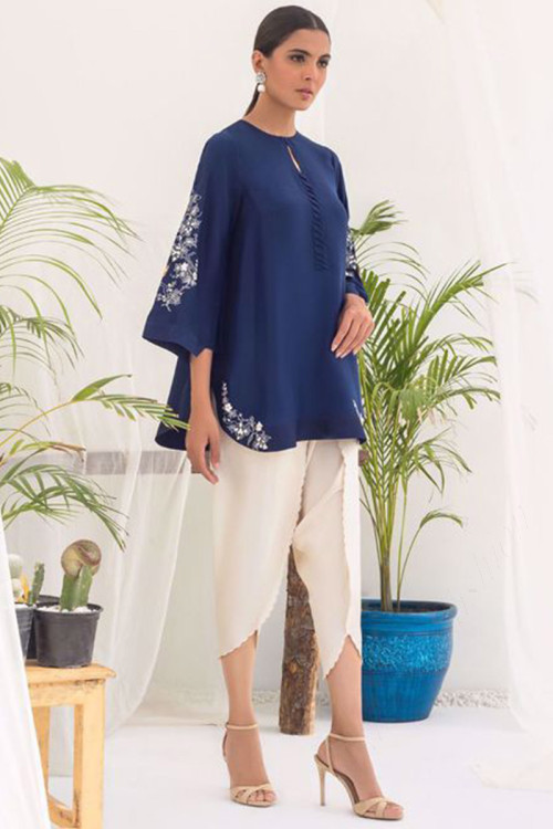 Blue Silk Embroidered Dhoti Pant Suit