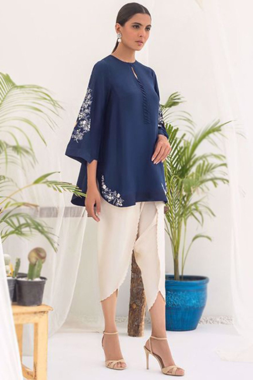 Blue Silk Embroidered Pakistani Dhoti Pant Salwar Kameez