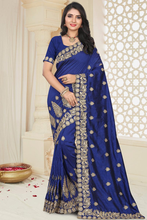 Bridesmaid Saree | Buy Royal Blue Sequence Embroidered Crush Wedding Saree  At Hatkay