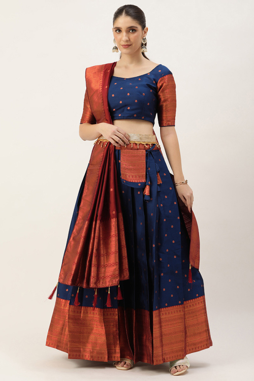 Dark Blue Woven Zari Silk Pleated Style Lehenga 