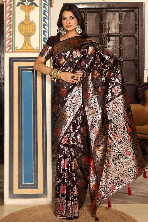 Dark Brown Art Silk Broad Border Saree With Weaved Work