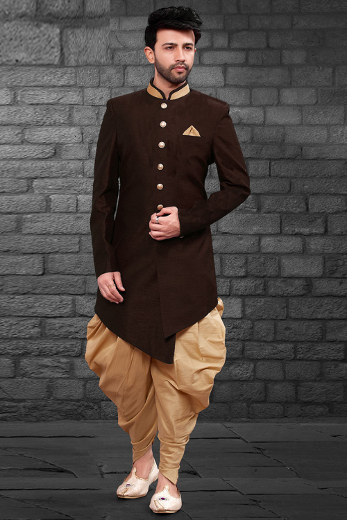 Dark Brown Art Silk Men Sherwani With Dhoti