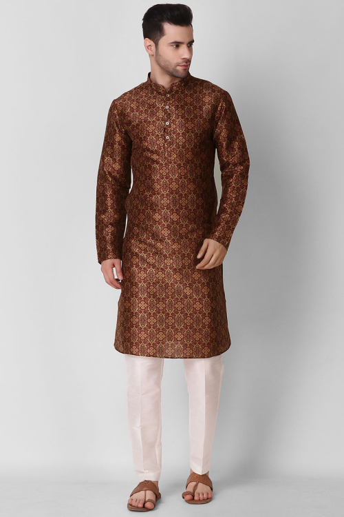 Dark Brown Art Silk Printed Men Kurta Pajama