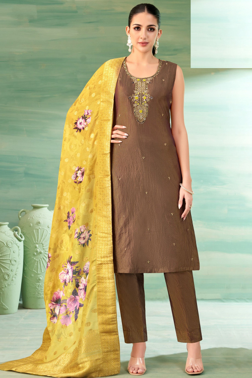 Dark Brown Art Silk Trouser Suit With Mirror Work For Diwali