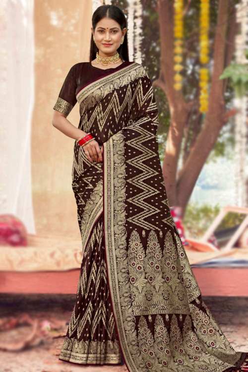 Dark Brown Art Silk Zari Weaved Broad Border Saree