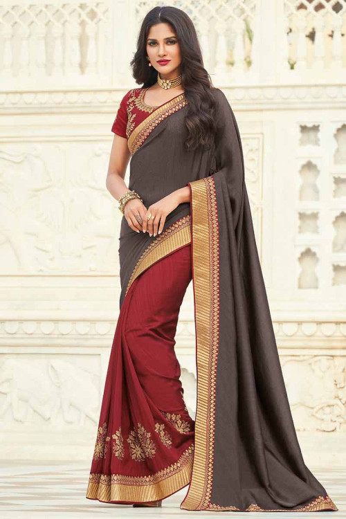 Dark Brown Bangalori Silk Embroidered Saree