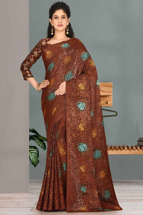 Saree for Party Wear in Brasso Dark Brown with Printed