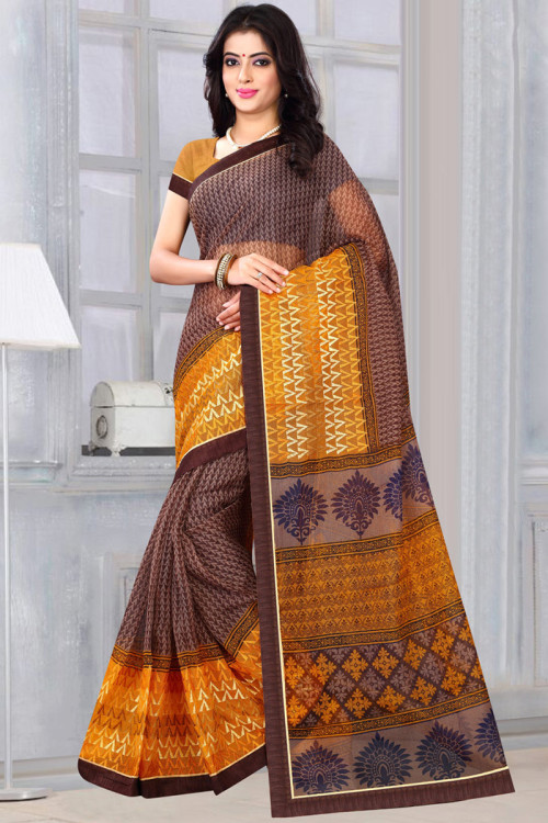 Saree in Brasso Dark Brown with Printed for Party 