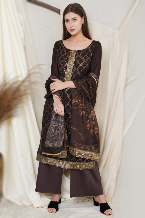 Dark Brown Chiffon Embroidered Palazzo Suit For Sangeet 