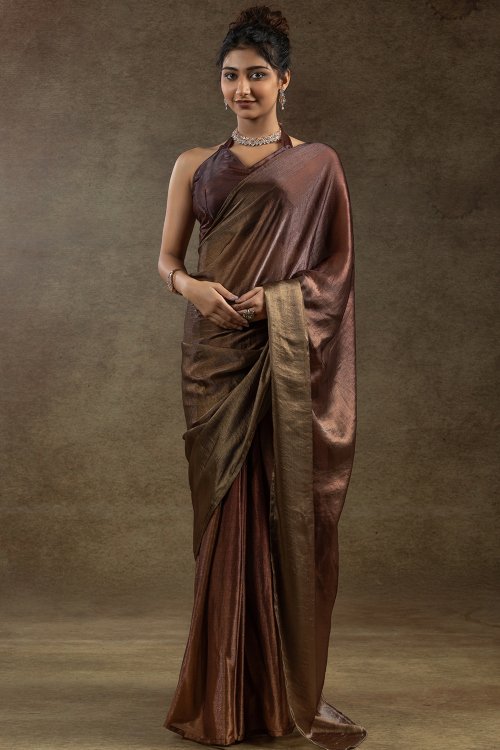 Dark Brown Chiffon Saree with Shimmer for Diwali