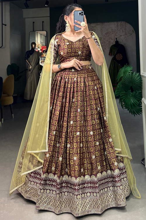 Dark Brown Chinnon Lehenga with Printed Work for Diwali