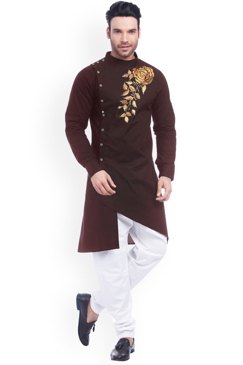 Dark Brown Cotton Embroidered Angrakha Style Cut Men's Kurta With Churidar