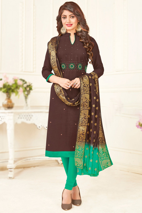 Dark Brown Cotton Embroidered Casual Wear Churidar Suit 