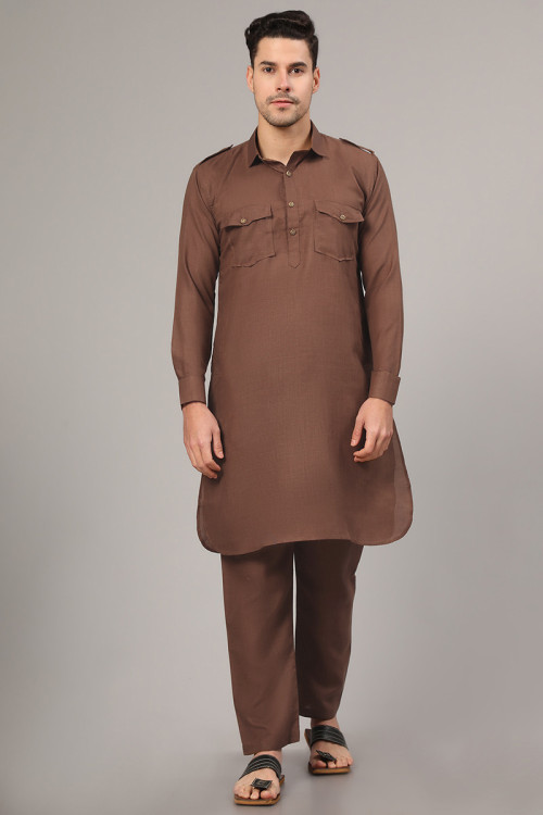 Dark Brown Cotton Plain Straight Cut Men's Kurta Pajama