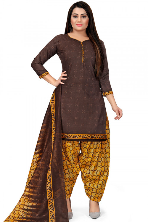 Dark Brown Cotton Printed Casual Wear Patiala Suit 