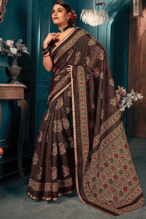 Dark Brown Cotton Printed Saree