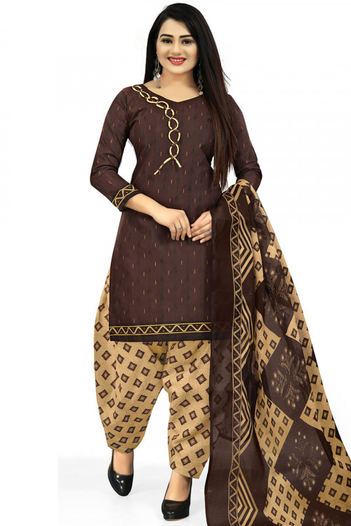 Dark Brown Cotton Printed Straight Cut Patiala Suit 