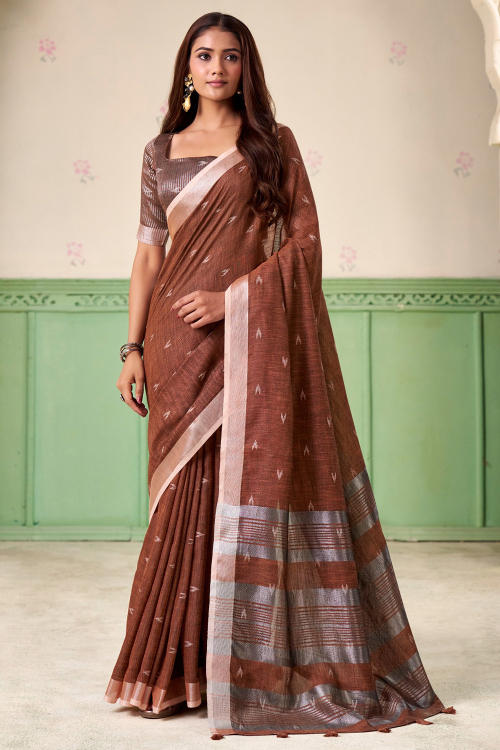 Dark Brown Cotton Saree With Weaved Work For Festival