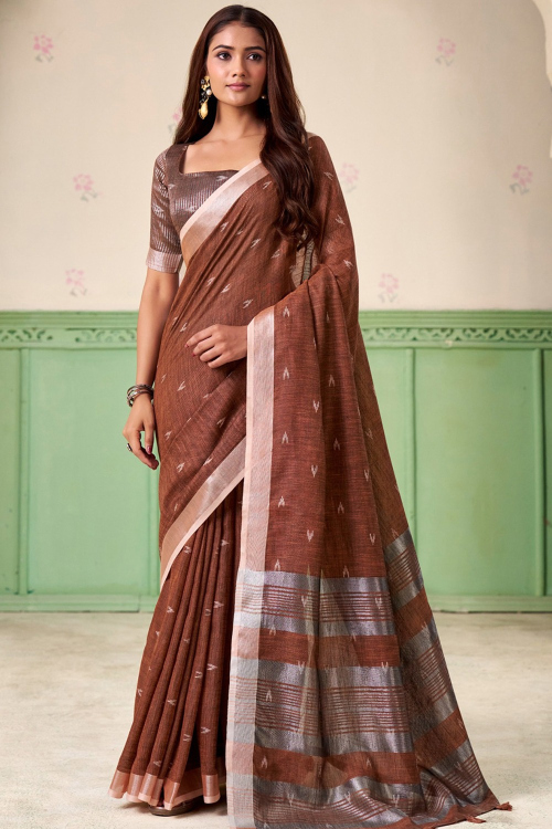 Dark Brown Cotton Saree With Weaved Work For Festival