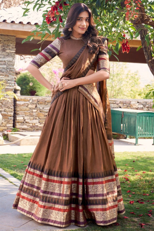 Dark Brown Cotton Weaved Flared Style Lehenga For Festival