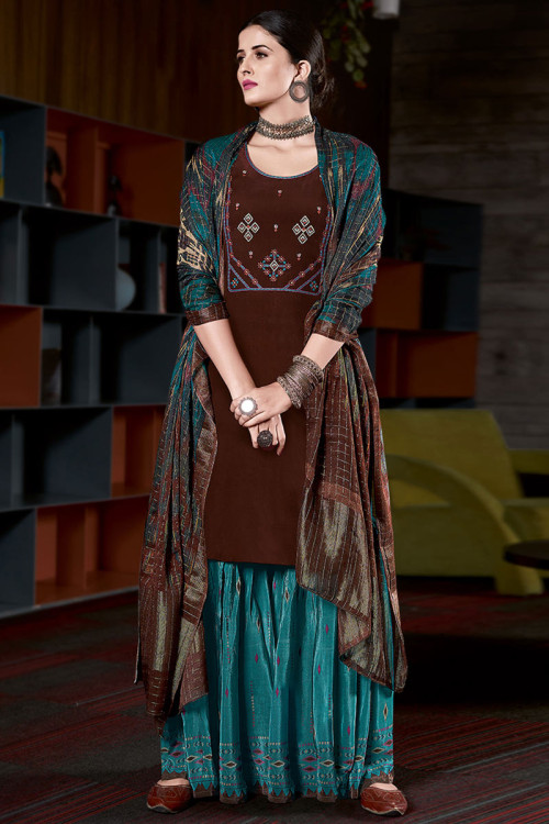 Dark Brown Crepe Straight Cut Embroidered Sharara Suit