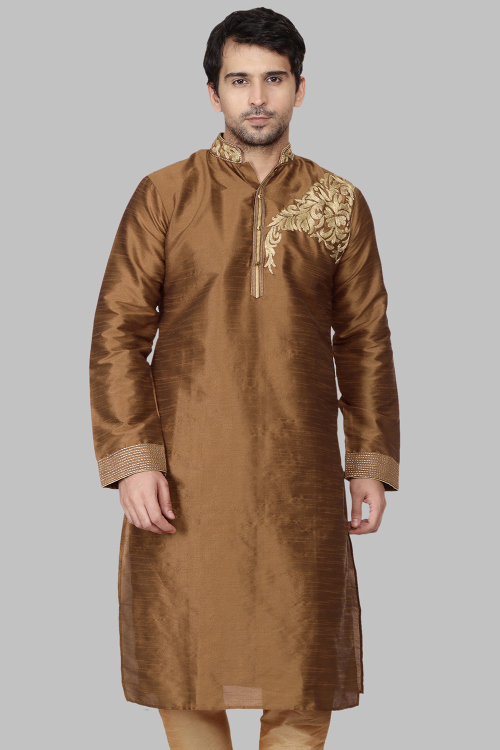 Dark Brown Dupion Silk Dori Embroidered Straight Cut Kurta