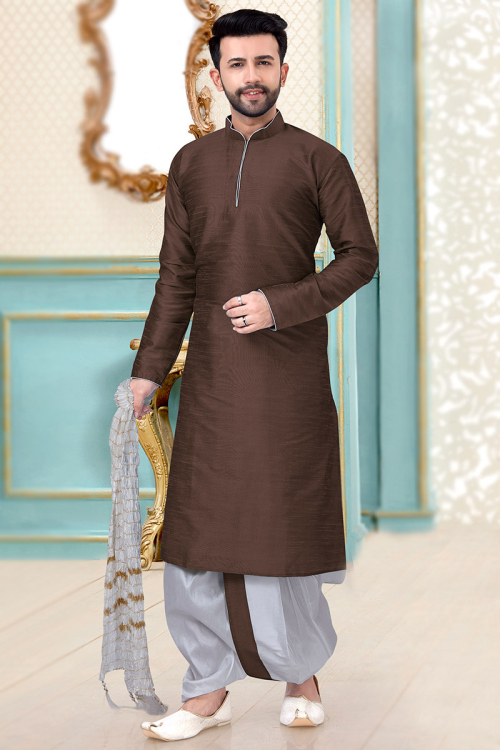 Dark Brown Dupion Silk Men Kurta With Dhoti