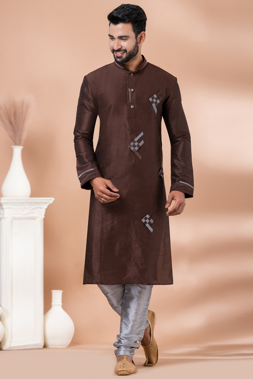 Dark Brown Dupion Silk Men's Kurta Churidar With Patch Work
